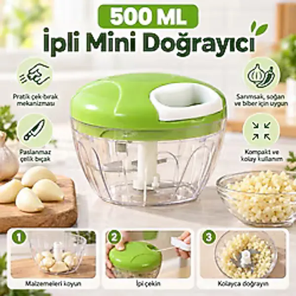 CoverZone 500 ml Ipli Manuel Doğrayıcı, Paslanmaz Çelik Bıçaklı Mini Rondo, Şeffaf Hazneli Sebze Sarımsak Soğan Doğrayıcı, Pratik El Rondosu, TKN-R80
