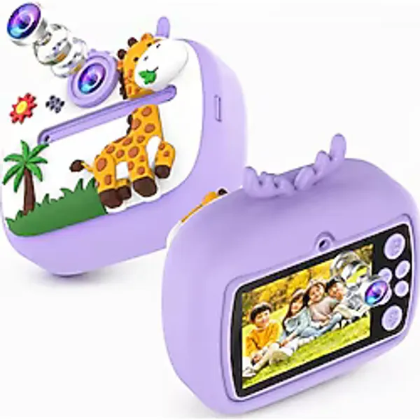 Coverzone Çocuk Kamerası Zürafa Tasarımlı Anında Baskı Özellikli Dijital Fotoğraf Makinesi, 2,4 inç IPS Ekranlı 1080P Video Kayıtlı Kamera, CMR90 (Mor)