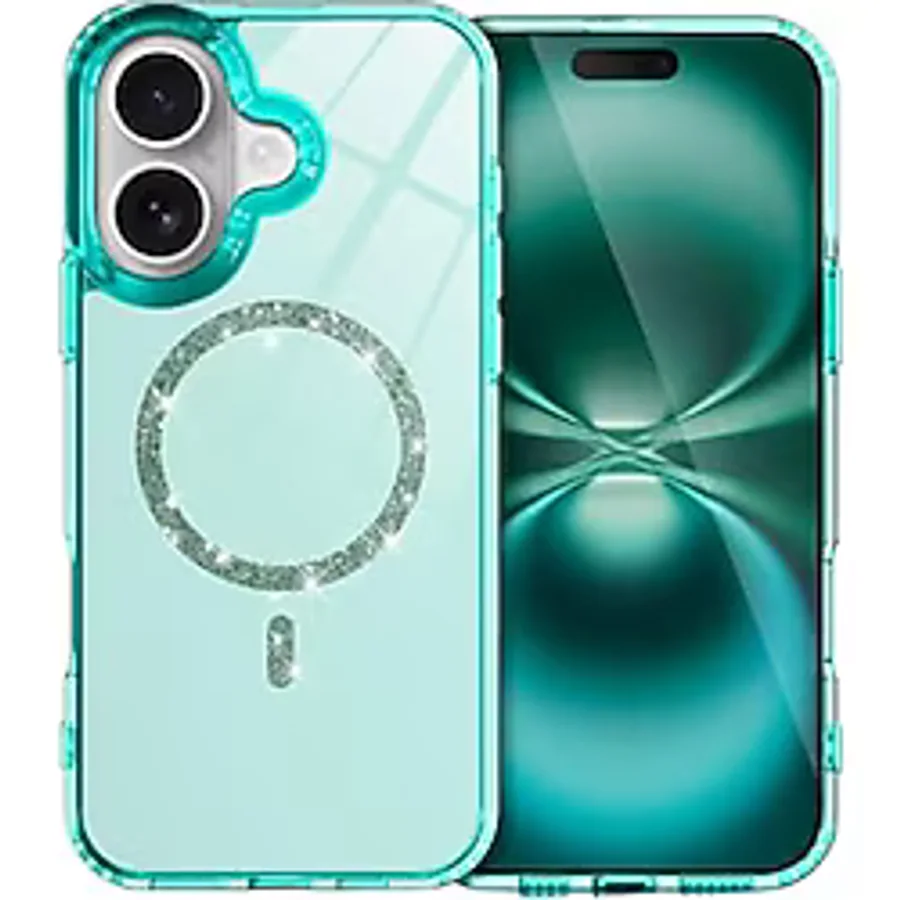 Coverzone iPhone 17 ile uyumlu N-Diamond Magsafe ile Uyumlu Şeffaf Parıltılı Kapak, Yüksek Kaliteli Sert Silikon, MagSafe Uyumlu Wireless Şarj Destekli, Şıklık ve Dayanıklı Koruma Yeşil