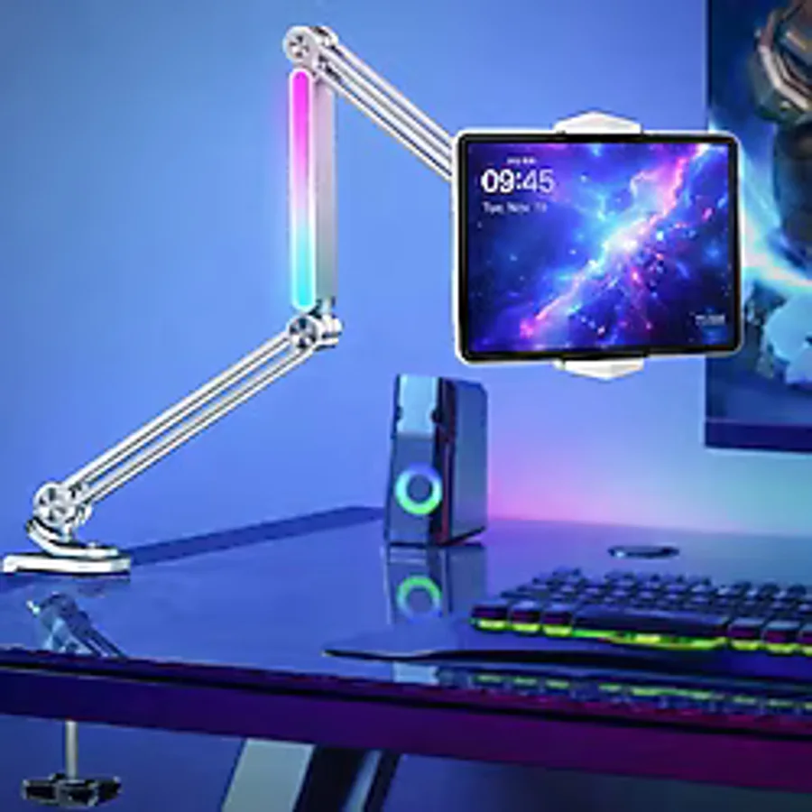 CoverZone P67H Profesyonel Ayarlanabilir LED Işıklı Uzun Kollu Alüminyum Masaüstü 14.6 Inç Kadar Uyumlu iPad ile Uyumlu Tablet Stant ve Tutucu Cantilever Kol Tasarım, 360° Döner, Tablet Standı