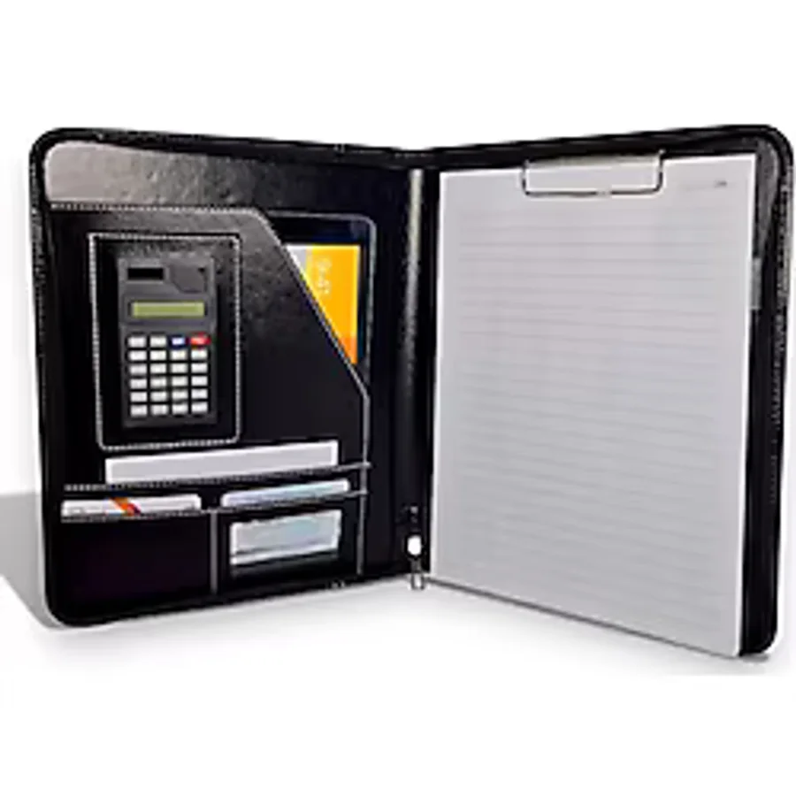 Coverzone Premium Suni Deri Sekreterlik - Mandallı Evrak Tutucu, Tablet Bölmeli Organizer, Çok Gözlü Evrak Dosyası (32.5 x 25 Cm), Siyah - Hesap Makineli