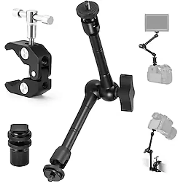 Coverzone Profesyonel Magic Arm DSLR Kamera Tutucu Süper Kelepçeli Mengene Stand, 1/4 3/8 Dişli Flaş Pabuçlu Esnek Mafsallı Kol Tripod Masa Gidon Monitör Mikrofon Aksiyon Kamera Sabitleme, MG01, Siyah
