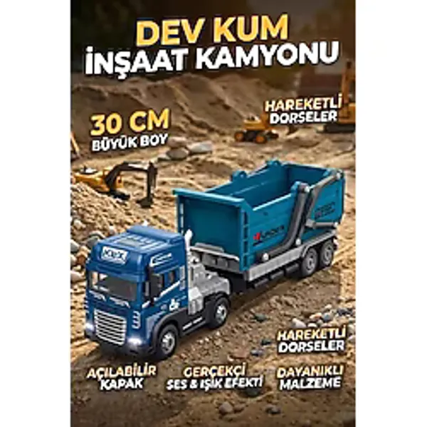 Craftivio 30 cm Metal Kafa Sesli Işıklı Inşaat Kamyonu Oyuncak Tır - Hareketli Damperli Hafriyat Aracı