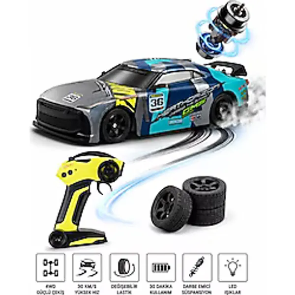 Craftivio 4WD Uzaktan Kumandalı Şarjlı Drift Arabası - 30KM/S Hız, LED Işıklı, Yedek Lastikli RC Araç (29CM) - 29 cm