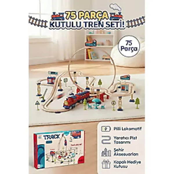Craftivio 75 Parça Pilli Oyuncak Tren Seti, Ahşap Dokulu Raylar, Şehir Temalı Eğitici Hediye Seti