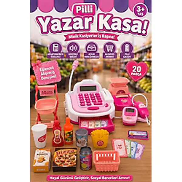 Craftivio Pilli Sesli Oyuncak Yazar Kasa ve Market Alışveriş Seti - 20 Parça Eğitici Kasiyer Oyunu 3+ Yaş - Çok Renkli
