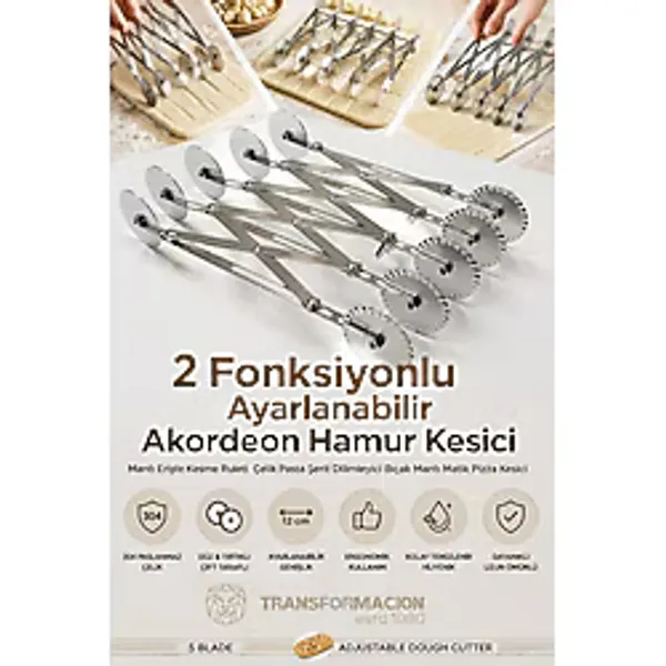 Creatividad Solutions 5 Tekerlekli Çift Taraflı Ayarlanabilir Akordeon Hamur Kesici Mantı Erişte Kesme Ruleti Profesyonel Paslanmaz Çelik Pasta Şerit Dilimleyici Bıçak Mantı Matik Pizza Kesici 72342