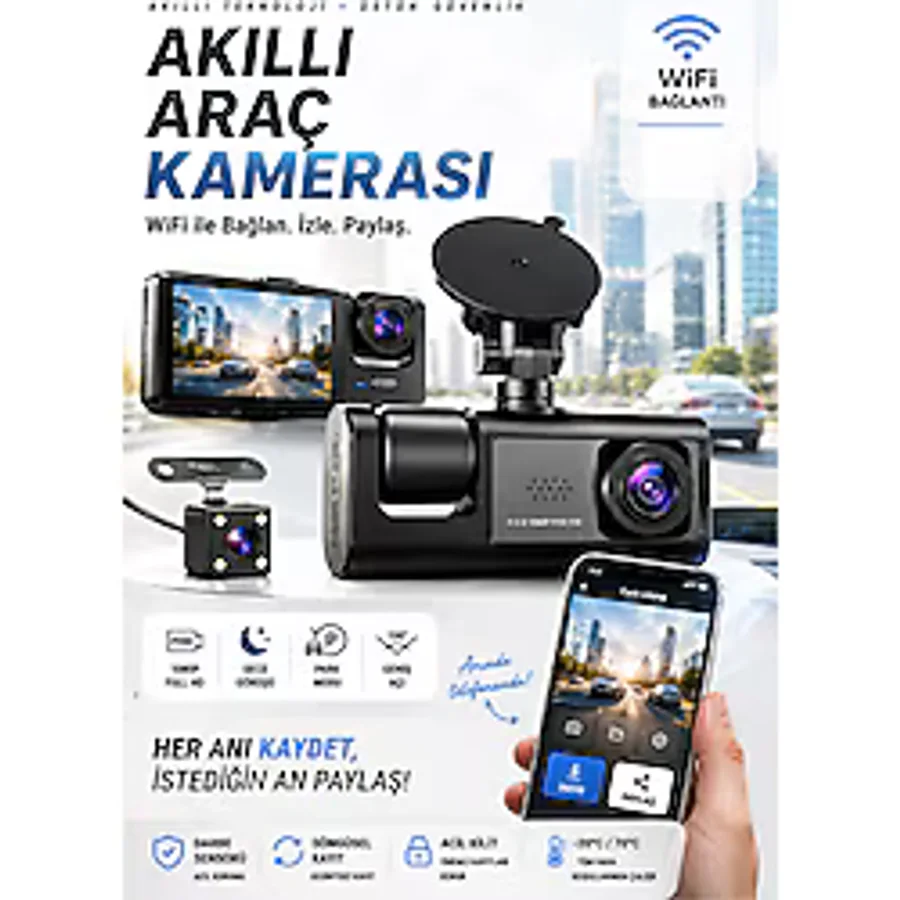 CROW'S TECH 1080P Dash Cam Full Hd Araç içi Kamera Ön Arka ve İç Kayıt 3 Kamera Gece Görüşlü G Sensör Geniş Açı