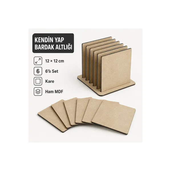 Çukurova Ahşap Lazer Kendin Yap 6'lı Kare Bardak Altlığı Seti Standlı 12x12 cm Ham MDF