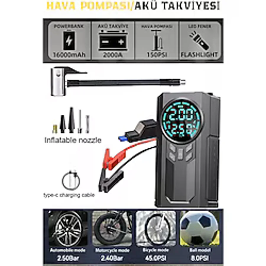 D8h Plus 4in1 Akü Takviye+hava Pompası+led Fener+powerbank
