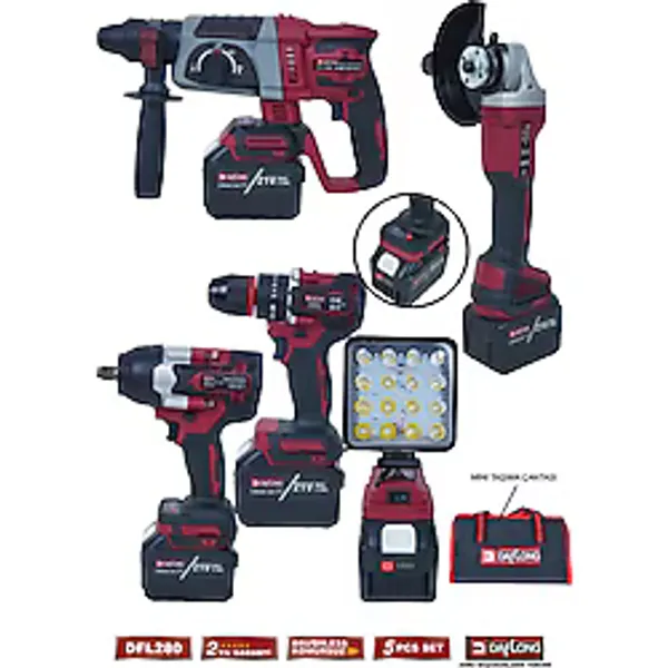 Daflong 15 Pilli 5'li Çantalı Set 1300NM Torklu+Devirli Taşlama+Matkap+Kırıcı Delici+Fener DFL-280