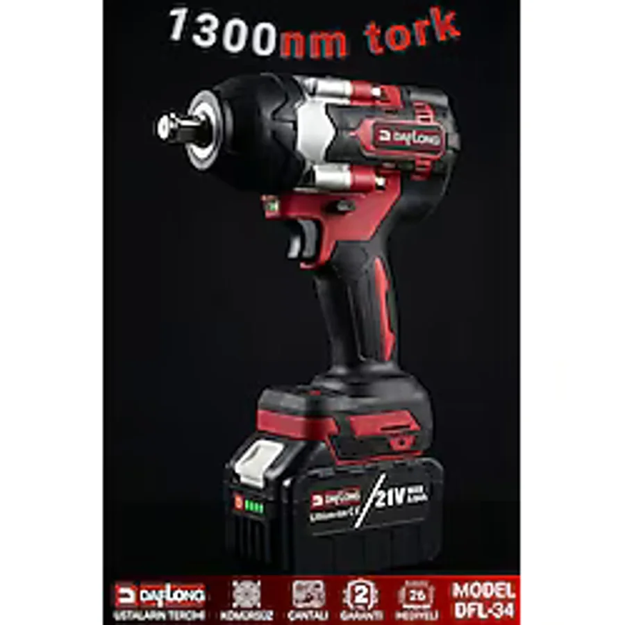 Daflong Pro 15 Pilli Batarya 21V Kömürsüz 1300Nm Torklu 1/2 Şarjlı Somun Sökme Dfl34