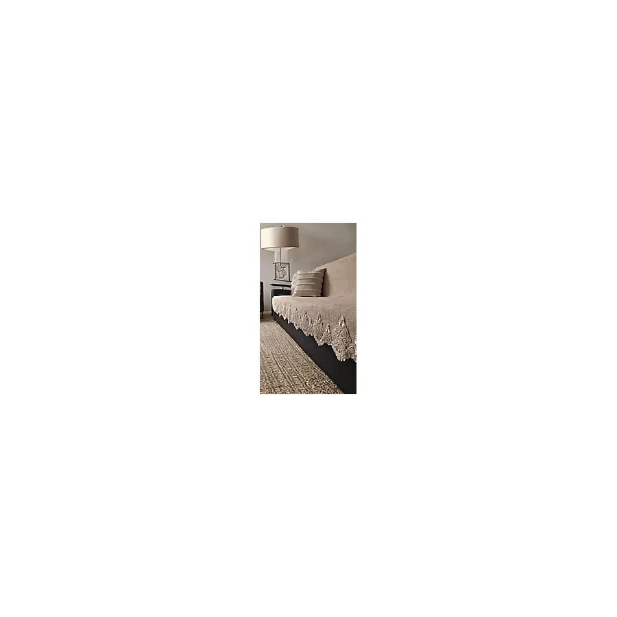 Dantelli Çekyat Koltuk Örtüsü Lüks Mode Süngerli Kaymaz Taban Kadife Çizgili - 160 x 200 cm - Vizon