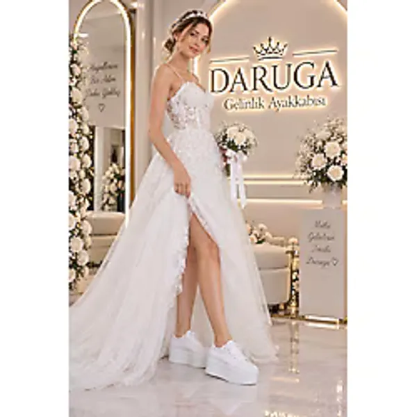 DARUGA Kadın Gelinlik Ayakkabısı Kalın Dolgu Taban Bağcıklı Rahat Spor Ayakkabı