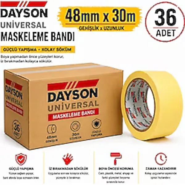 Dayson Arge Toptan Universal Sarı Maskeleme Bandı Kağıt Bant 48MMX30M 36 Adet