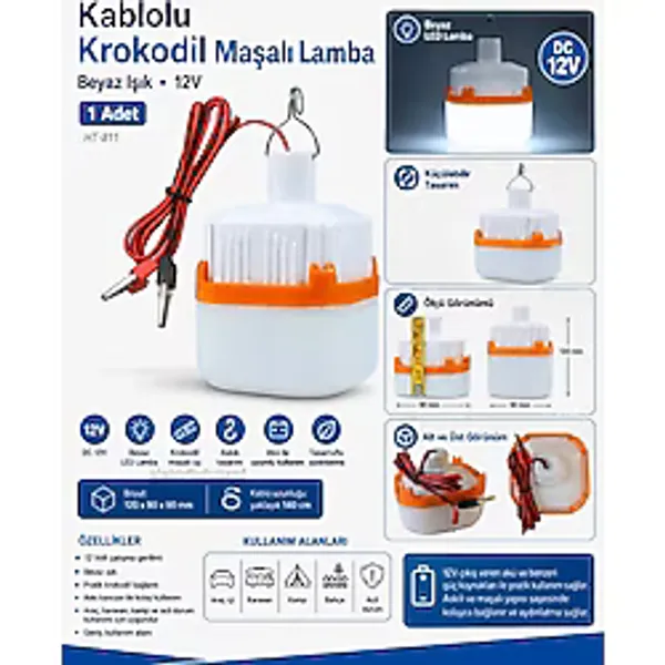 Dc 12V Kablolu Krokodil Maşalı Beyaz Led Seyyar Lamba Ampul Askılı Aküye Bağlanabilen 12 Volt Ip20