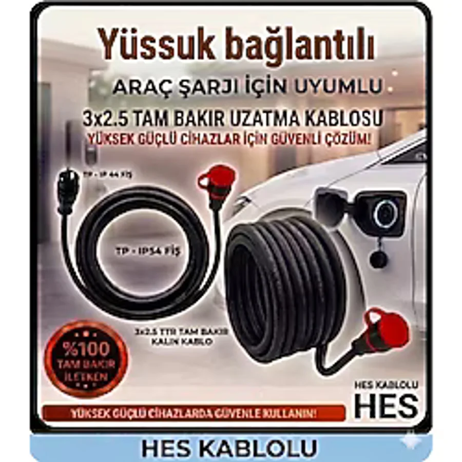 DC-ELEKTRO HES kablolu Araç Şarjı Uyumlu 15 Metre 3x2.5 mm Ttr Tam Bakır) Yağmurda kullanıma uygun Uzatma Seyyar