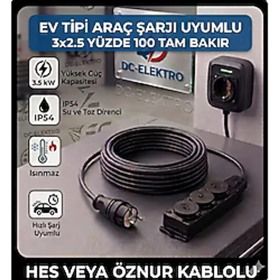 DC-ELEKTRO KAUÇUK 3 LÜ Evde Araç Şarjı Uyumlu 20 Metre (3x2.5 mm Ttr Tam Bakır) (HES veya Öznur kablolu) KAUÇUK 3 LÜ (IP54 uyumlu) Uzatma Seyyar