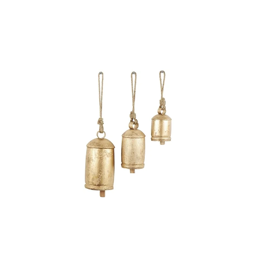 Deco 79 Dekoratif metal inek çanı, Tibet esintili, meditasyon, asmak için jüt halatlı, 3 adet, 25,4 cm, 20,3 cm, 15,2 cm yüksekliğinde, altın rengi