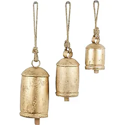 Deco 79 Dekoratif metal inek çanı, Tibet esintili, meditasyon, asmak için jüt halatlı, 3 adet, 25,4 cm, 20,3 cm, 15,2 cm yüksekliğinde, altın rengi