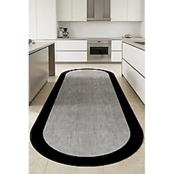 Decomia Home Dijital Kaymaz Gri Jüt Görünümlü Oval Siyah Çerçeveli Mutfak Halısı Salon Halısı Halı Yolluk
