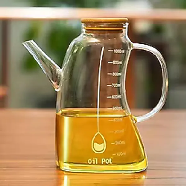 Deconox 1000ml Bambu Kapaklı Cam Yağlık ve Sirkelik - Dayanıklı ve Şeffaf Sıvı & Mutfak İçin Hassas Sıvı Ölçüm ve Saklama Çözümü 1000ml - Cam Sürahi Sıvı Ölçü Kabı