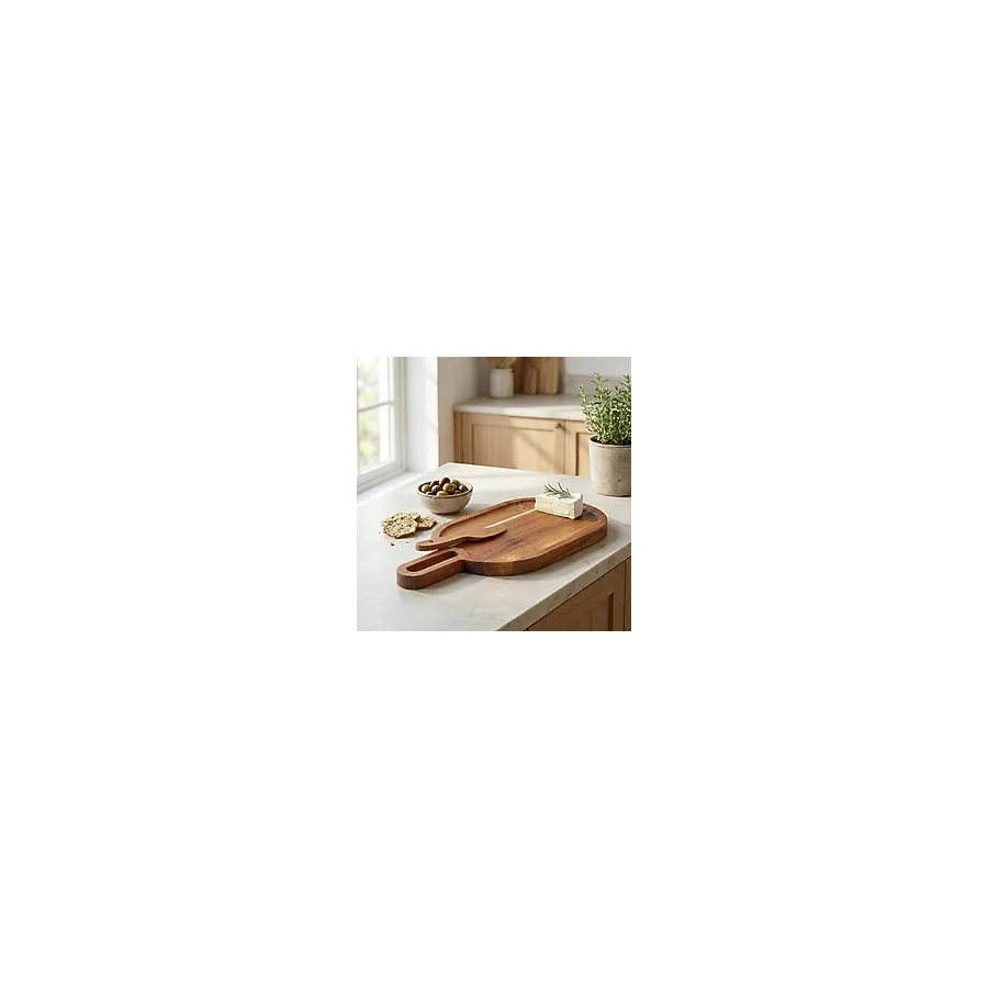Deconox Doğal Akasya Ahşap Oval Peynir ve Sunum Tahtası - 30x14 cm Saplı Servis Tepsisi, Yanında Özel Ahşap Peynir Bıçağı İle (2 Parça Set)