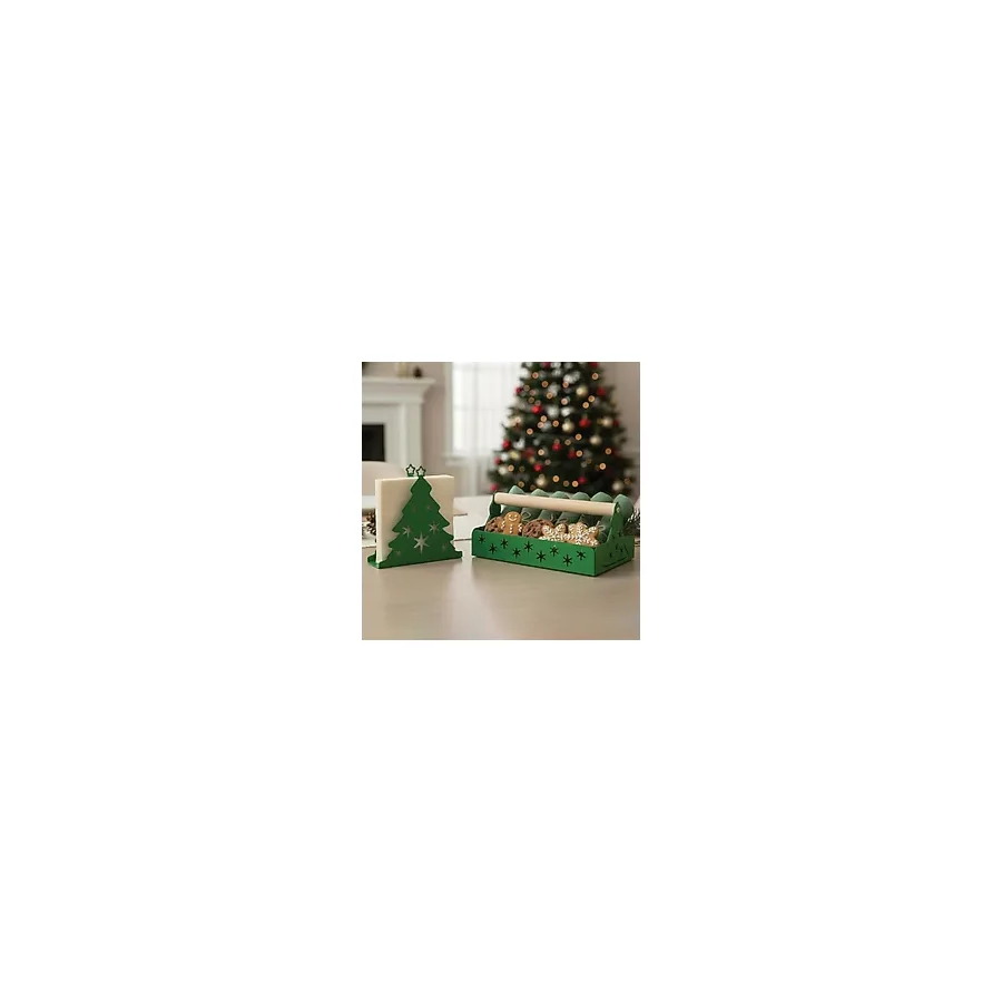 Decorelax Çam Ağacı Temalı Metal Ekmeklik Peçetelik Seti Yeşil - Yılbaşı Konseptli Dekoratif Tezgah Üstü Mutfak ve Sofra Düzenleyici, Metal Ekmek Sepeti