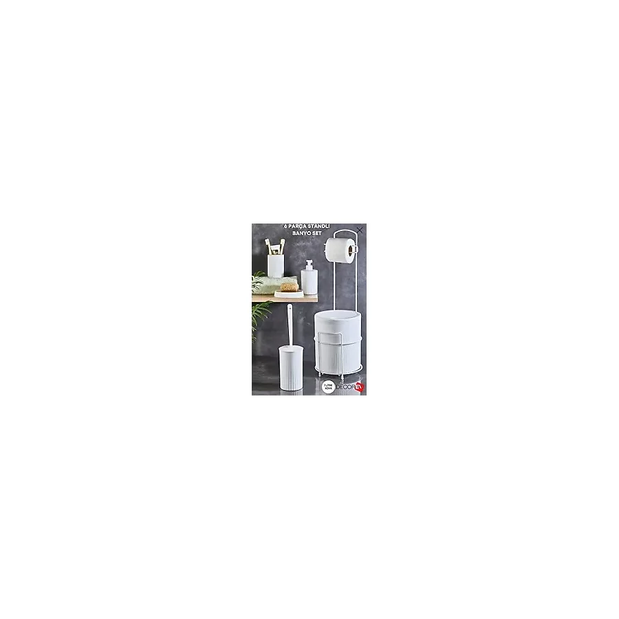 Decorev 6 Parça Metal Standlı Banyo Seti - 7 Litre Çöp Kovası, Tuvalet Kağıtlığı, Sabunluk, Fırçalık Ve Sıvı Sabunluk Dc-6762