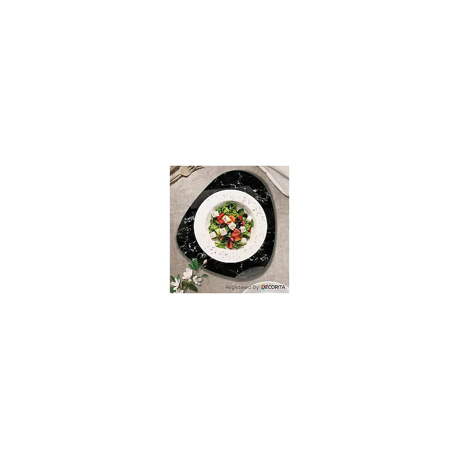 Decorita Cam Tabak Kahvaltı Tabağı Cam Supla 2'li Takım Siyah Mermer Görünümlü 32cm X 35cm