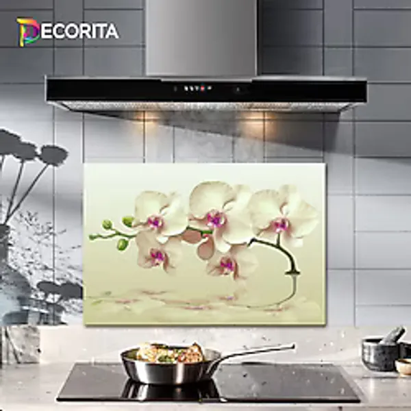 DECORITA Krem Orkide Cam Ocak Arkası Koruyucu