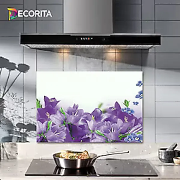 DECORİTA Mor Çiçek Cam Ocak Arkası Koruyucu