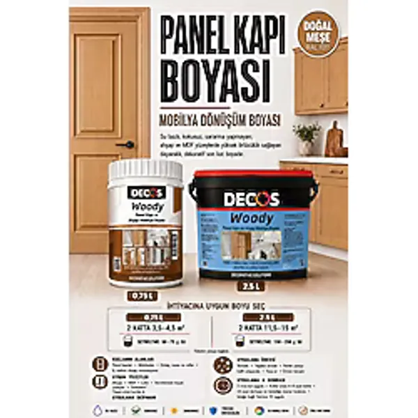 Decos Woody - Renkli Panel Kapı ve Dönüşüm Boyası Su Bazlı Kokusuz Mutfak Dolabı, Ahşap, Mdf Yüzeylere - 0,75 L