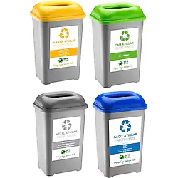 Deembro 50 Lt x 4 Adet Plastik Cam Metal Kağıt İçin Plastik Sıfır Atık Kutusu Geri Dönüşüm Kutusu Toplama büyük boy - Gri