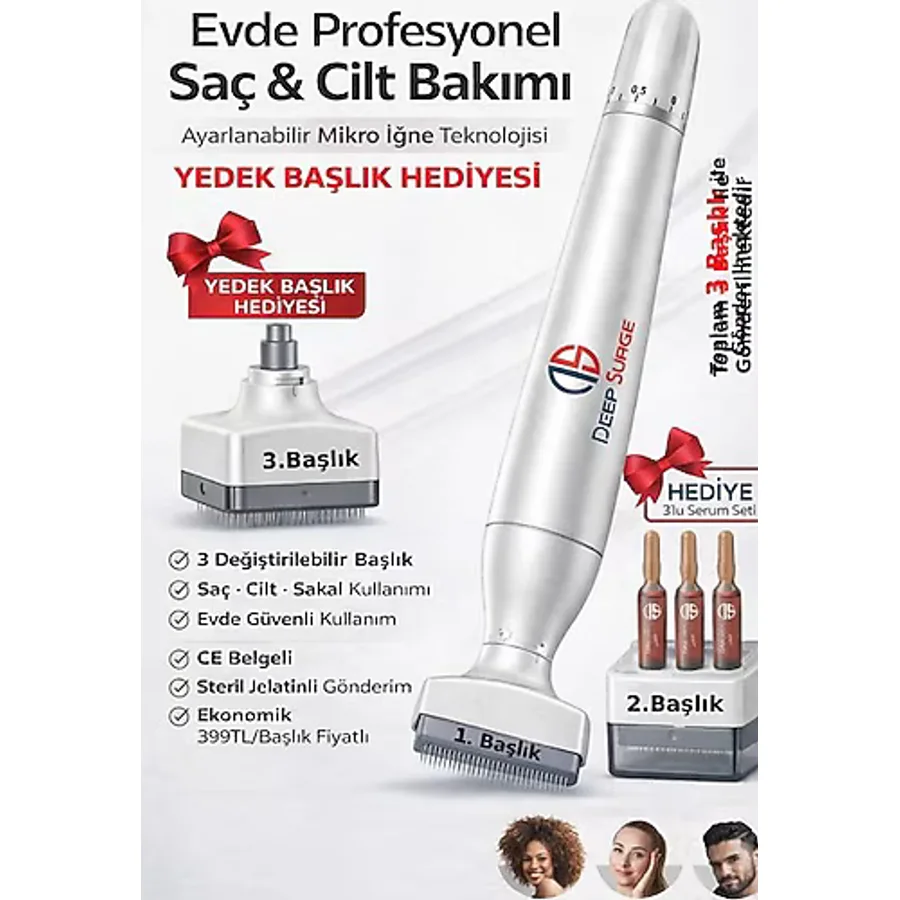 DeepSurge YEDEK BAŞLIK HEDİYELİ Değiştirilebilir Başlıklı Ayarlanabilir Titanyum İğneli Dermastamp Derma stamp