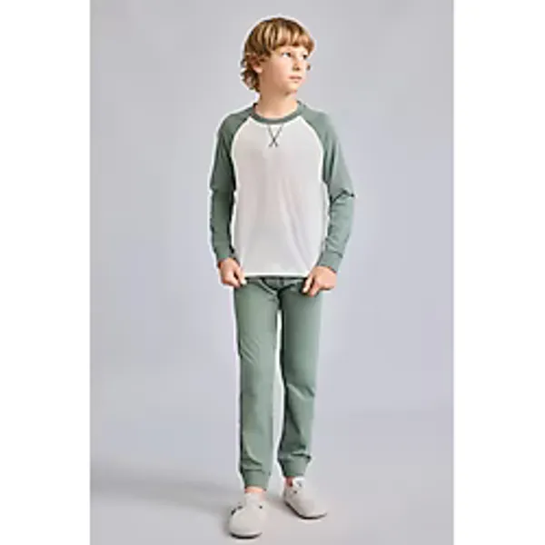 DeFacto %100 Pamuk Bisiklet Yaka Reglan Uzun Kollu Üst Lastik Paça Alt 2'li Pijama Takımı Erkek Çocuk I1443A826AU - Haki-KH458 - 13 - 14 Yaş