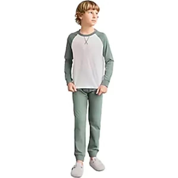 Defacto %100 Pamuk Bisiklet Yaka Reglan Uzun Kollu Üst Lastik Paça Alt 2'li Pijama Takımı Erkek Çocuk