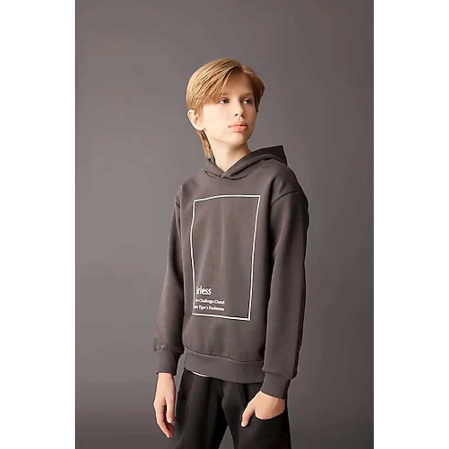 DeFacto Erkek Çocuk Antrasit Kapüşonlu Baskılı Sweatshirt D3095A824AU