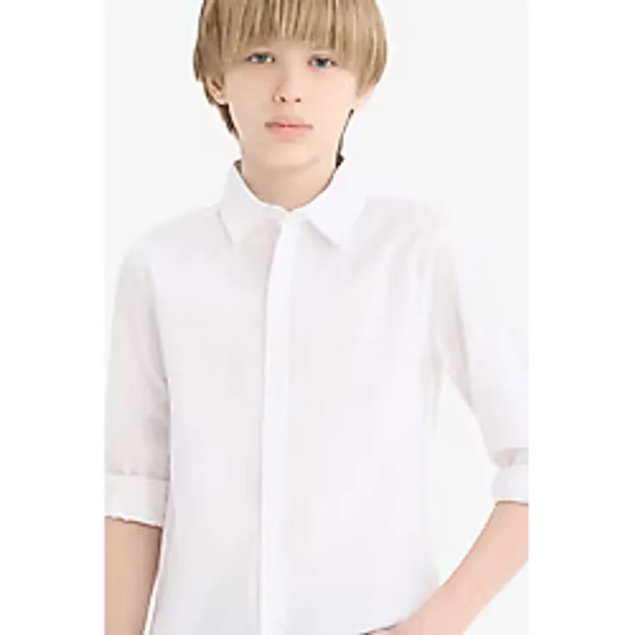 Defacto Erkek Çocuk Okula Dönüş Regular Fit Polo Yaka Poplin Uzun Kollu Gömlek T8853a625auwt83 Beyaz