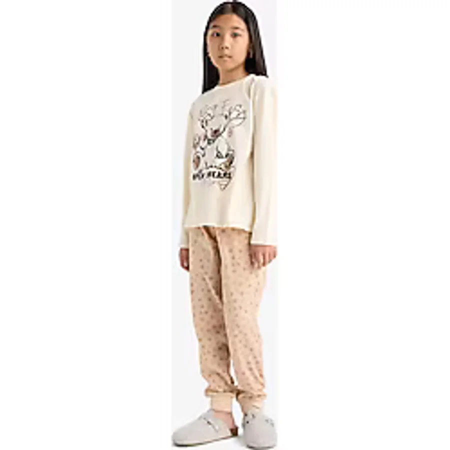 Defacto F6216A8ER103 Ekru Kız Çocuk Pijama Takımı Baskılı Uzun Kollu Üst Desenli Uzun Alt