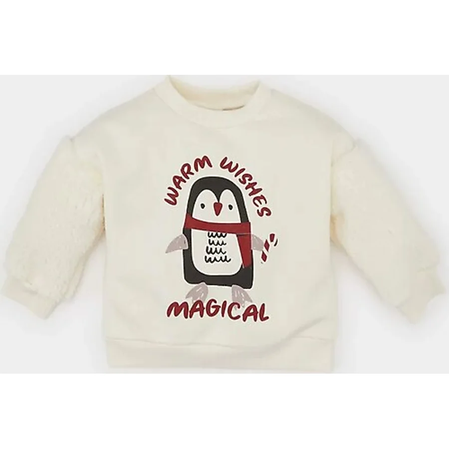 DeFacto Kız Bebek Bisiklet Yaka Yılbaşı Temalı İçi Yumuşak Tüylü Sweatshirt D6229A524WNER233 Ekru
