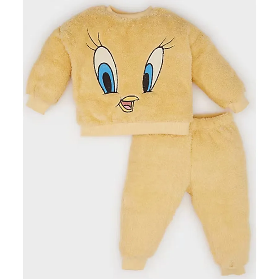 Defacto Kız Bebek Looney Tunes 2li Takım Bisiklet Yaka Pelüş Sweatshirt Beli Lastikli Eşofman Altı D7260a524wnyl516 Sarı