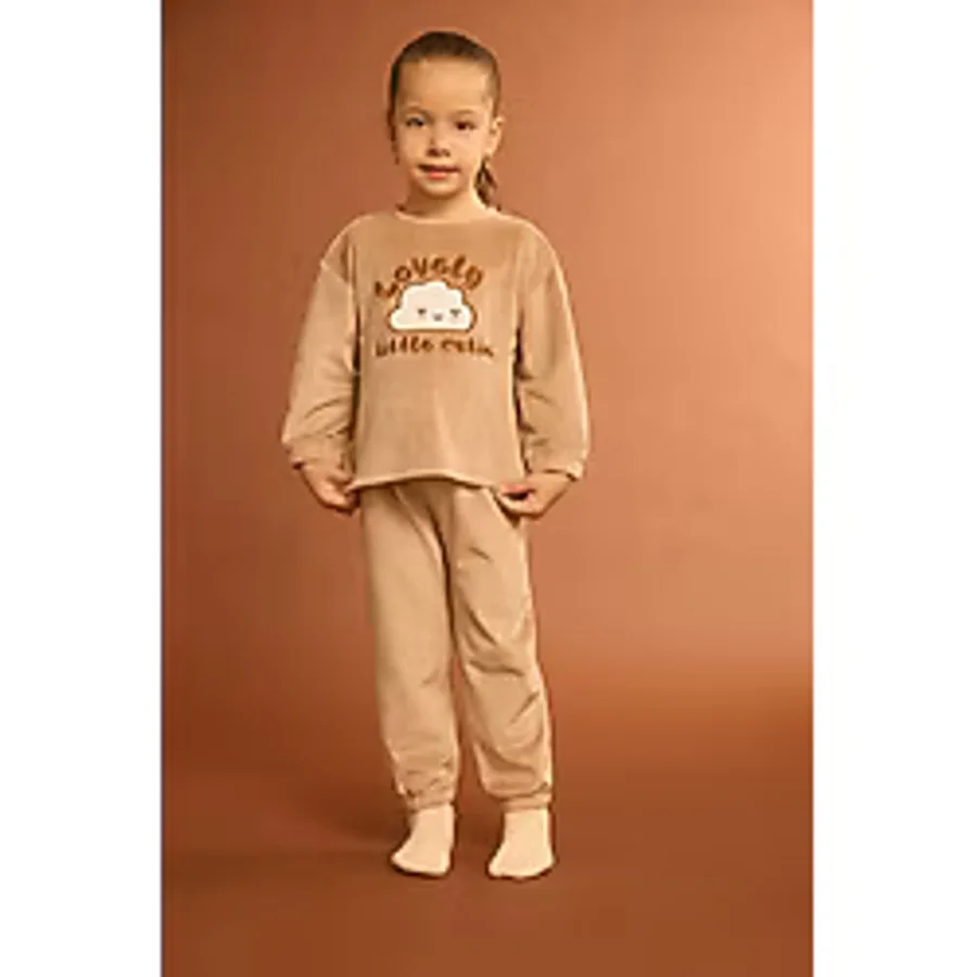 Defacto Kız Bebek Pijama Takımı Bulut Baskılı Uzun Kollu Welsoft Pelüş Üst Uzun Alt G1527a525wnbg400 Bej-bg400