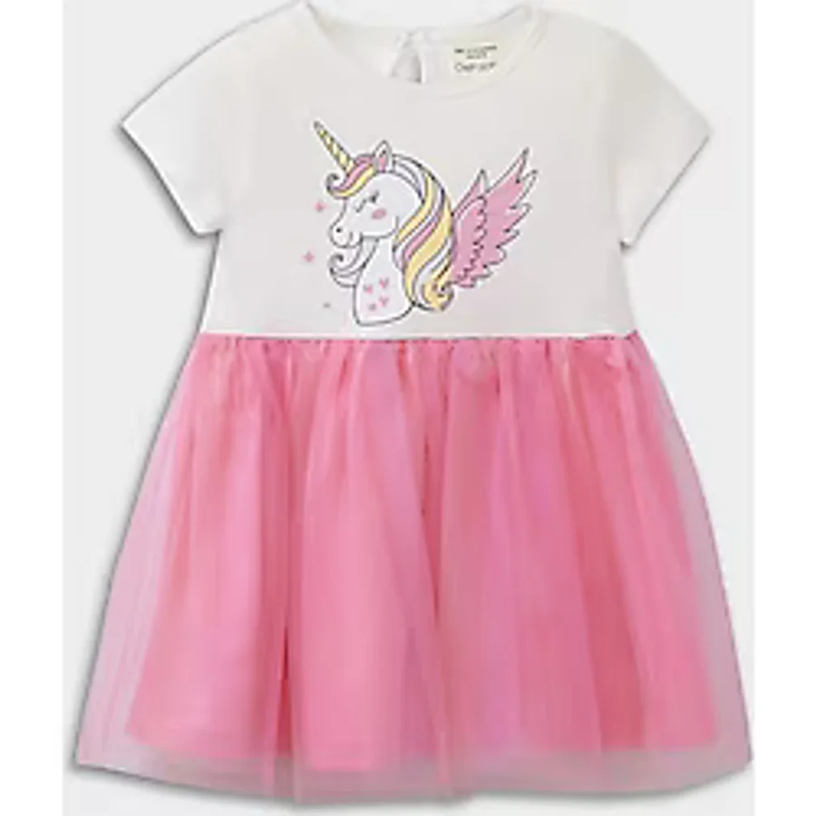DeFacto Kız Bebek Unicorn Baskılı Kısa Kollu Yazlık Tül Elbise E8723A525SMER105