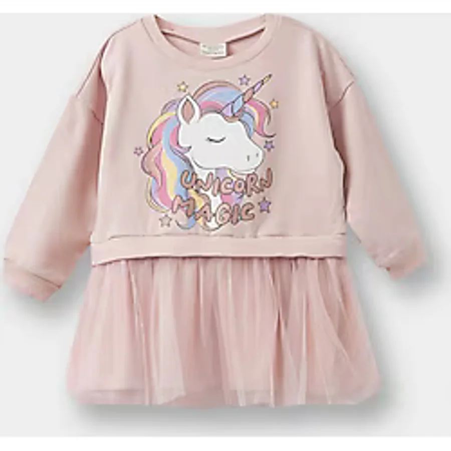 Defacto Kız Bebek Unicorn Baskılı Uzun Kollu Tül Elbise F7092a525aupr345 Mor