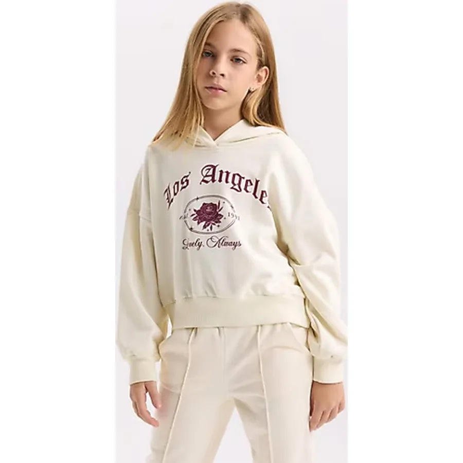 DeFacto Kız Çocuk Ekru Oversize Geniş Kalıp Kapüşonlu Baskılı Sweatshirt D7041A824WN
