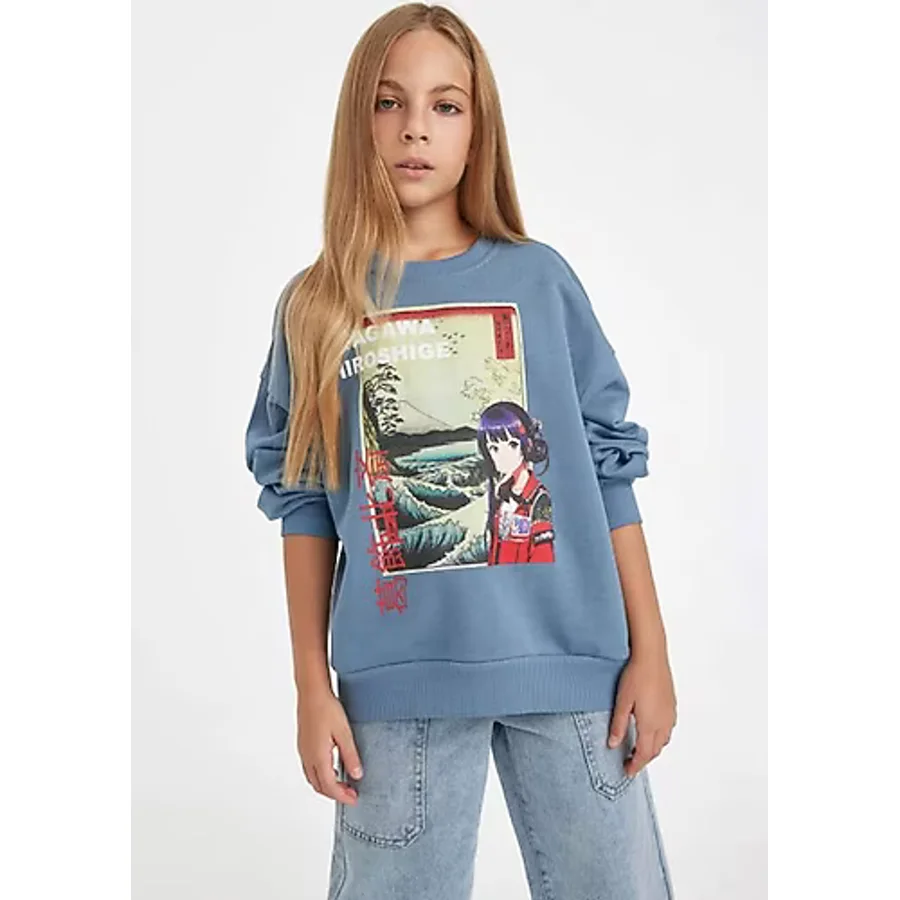 DeFacto Kız Çocuk Hatsune Miku Relax Fit Bisiklet Yaka İçi Yumuşak Tüylü Sweatshirt