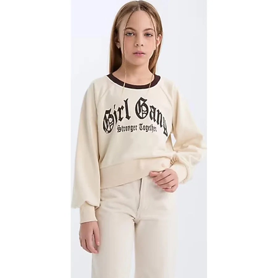 DeFacto Kız Çocuk Relax Fit Bisiklet Yaka Baskılı İçi Yumuşak Tüylü Sweatshirt D7042A824WN
