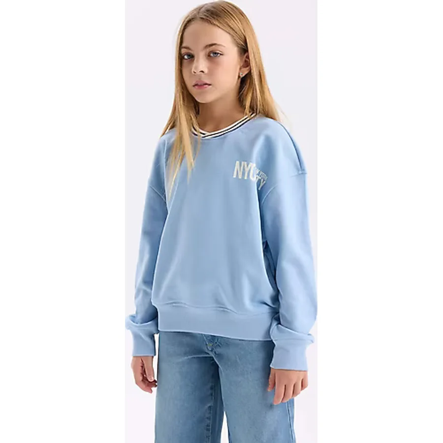 DeFacto Kız Çocuk Relax Fit V Yaka Baskılı Sweatshirt D6987A824WNBE734 Mavi