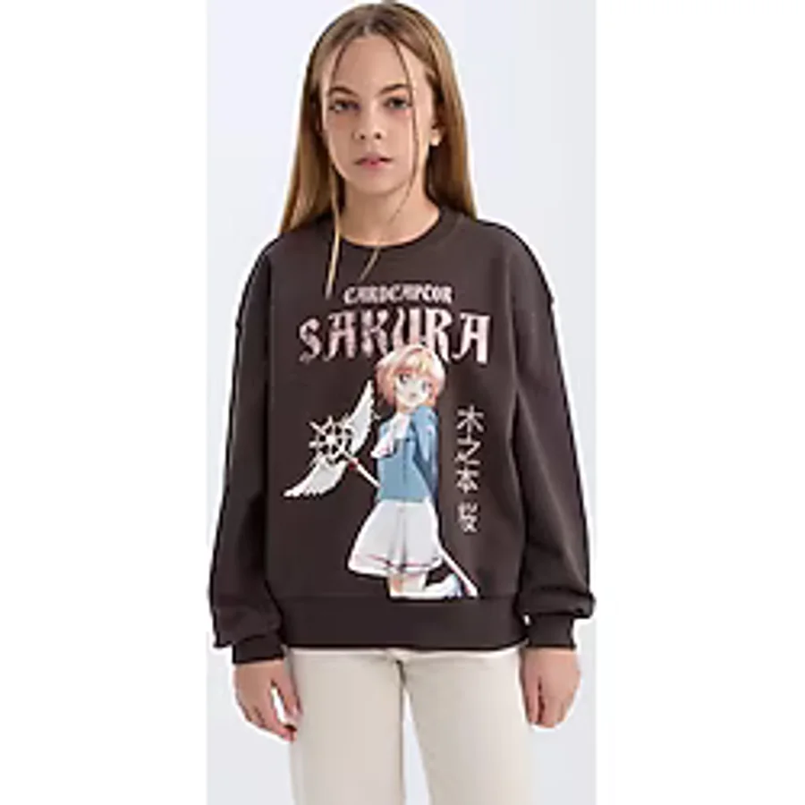 DeFacto Kız Çocuk Sakura Oversize Geniş Kalıp Bisiklet Yaka Sweatshirt